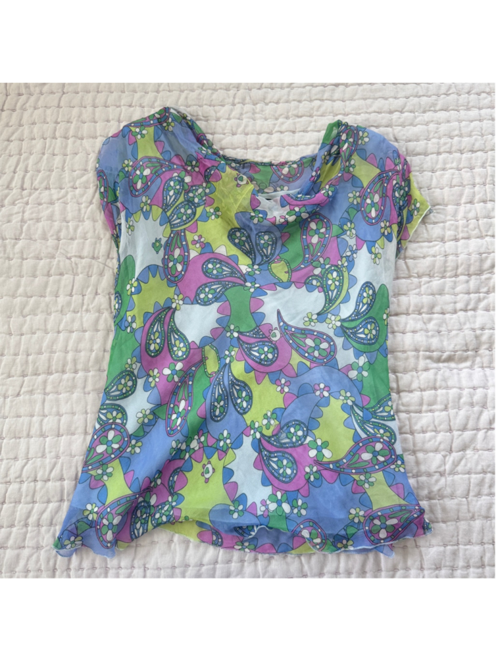 Women's Rafaella Silk Blouse Size 12 Blue Green Paisley Floral Print